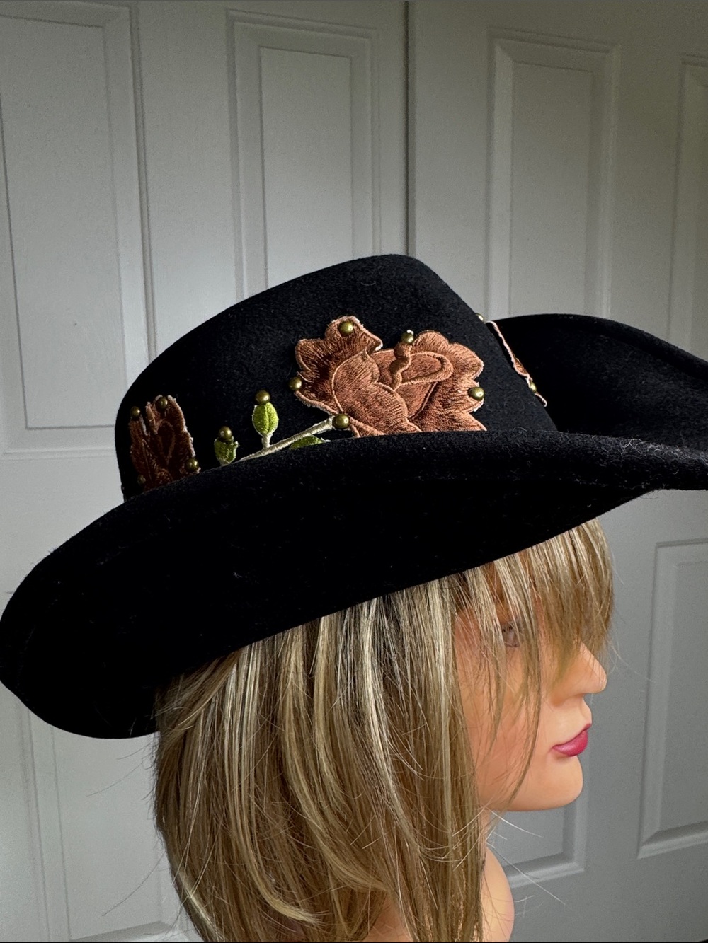 Scala Black Felt Western Cowboy Hat with Brown Floral Appliqué and Gold Chain